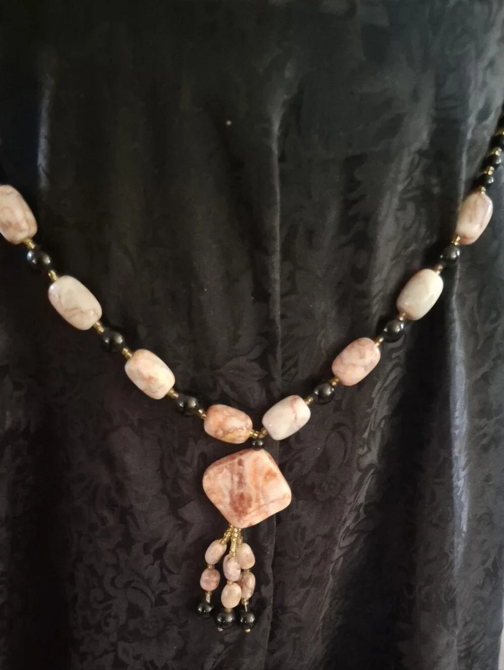 Pink Stone Beaded Pendant Necklace - Women Jewelry Black Onix And Shells. Heavy